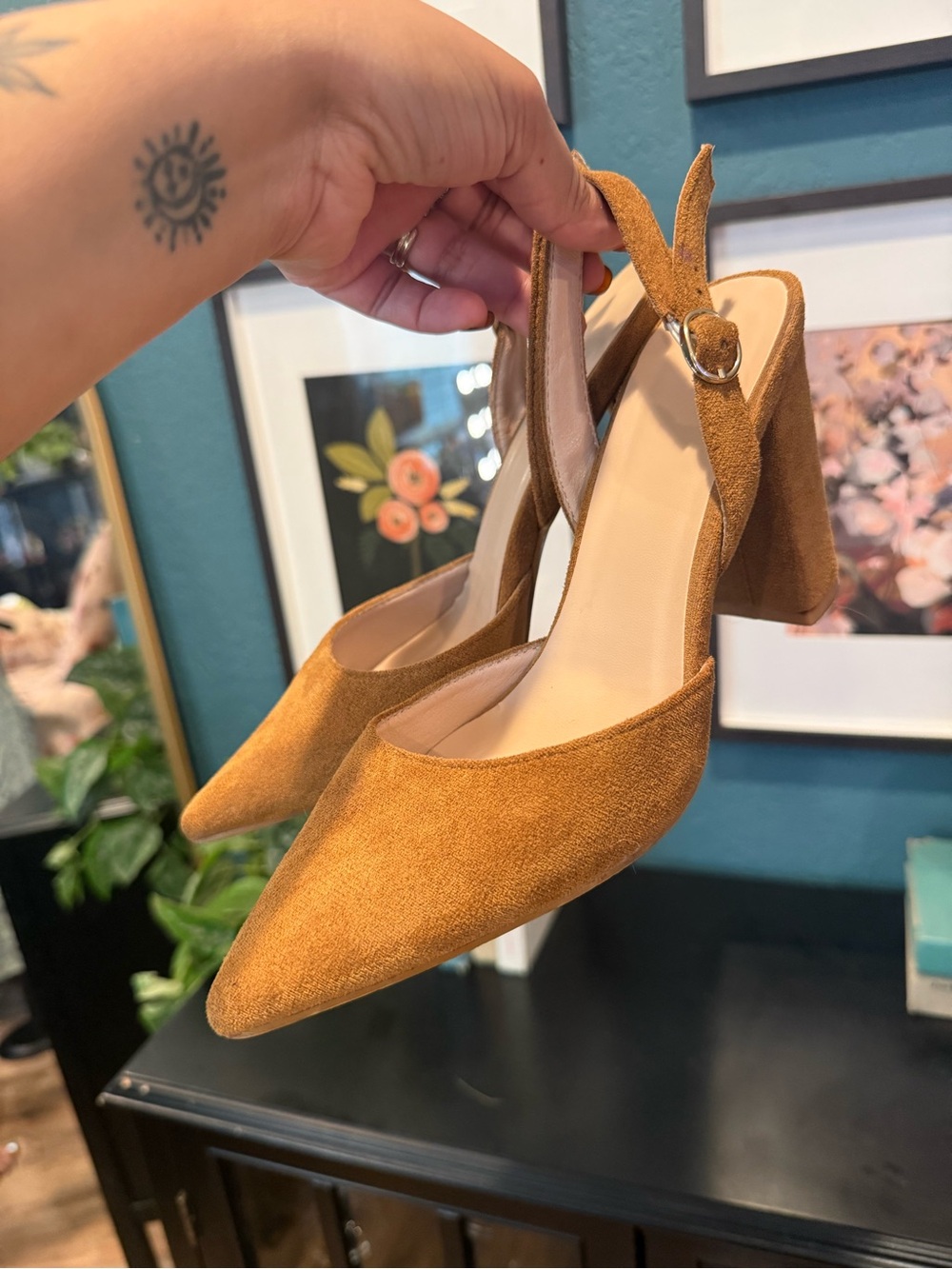 Suede Pointed-Toe Slingback Heels in Tan
